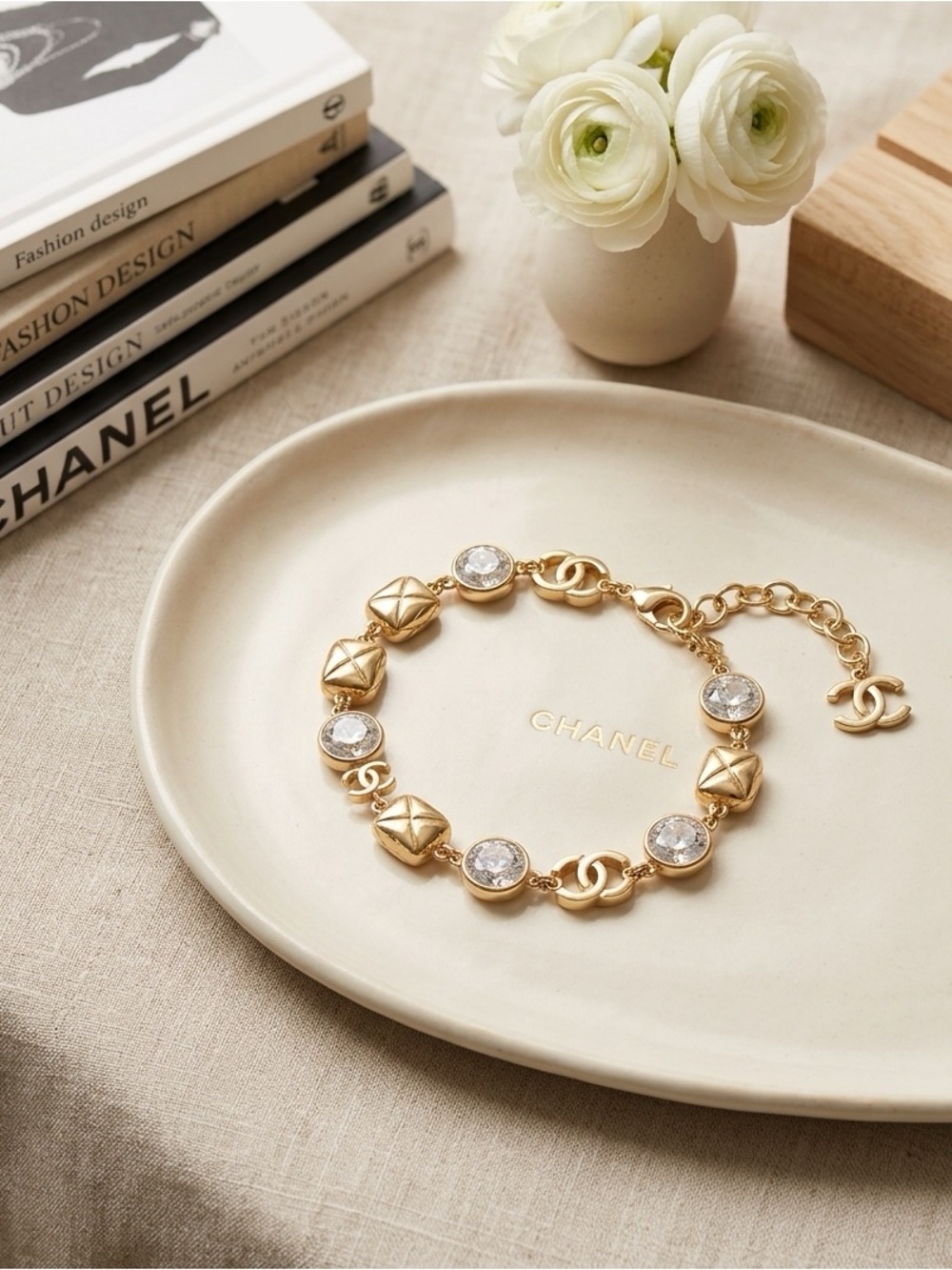 Crystal Quilted Charm Bracelet Gold